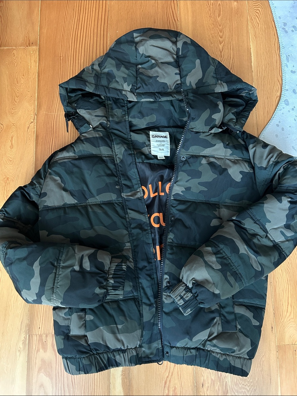Garage Hooded Camouflage Puffer Jacket - Green Camo XS